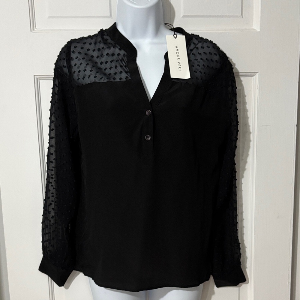 Amour Vert Black Sheer Swiss Dot Long Sleeve Blouse